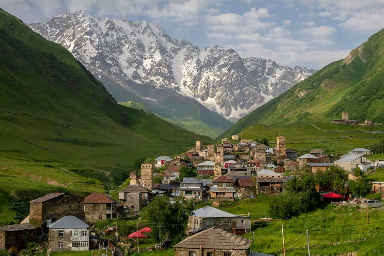 <p>The tallest peak in the country of Georgia is also the third-highest peak in Europe, and that mountain is Shkahara. Shkahara sits along the border of Russia and Georgia and reaches an elevation of 17,037 feet. </p>
