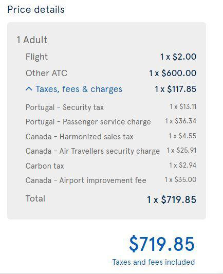 On Tuesday, CBC Toronto looked at what it would cost for one passenger to fly round-trip between Toronto and Lisbon on Jan. 23, 2024, returning on Feb. 18, 2024, with Air Transat. This is the price breakdown provided for the flights. (airtransat.com)