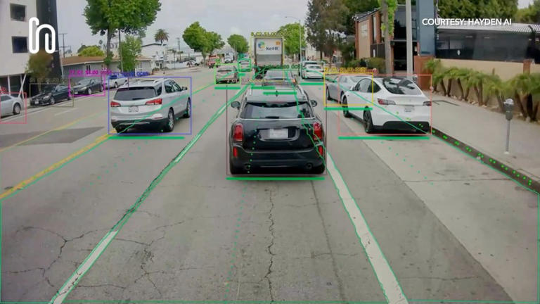 Footage provided by Hayden AI shows a live scan of the roadway from a bus-mounted camera.