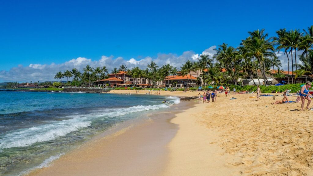 <p>Situated on Kauai's South Shore, Poipu Beach is known for its excellent snorkeling and swimming conditions. Hawaiian monk seals and sea turtles often visit the beach. A natural ocean-wading pool makes it a safe and enjoyable spot for children. Poipu Beach Park nearby offers facilities like picnic areas, restrooms, and showers.</p>