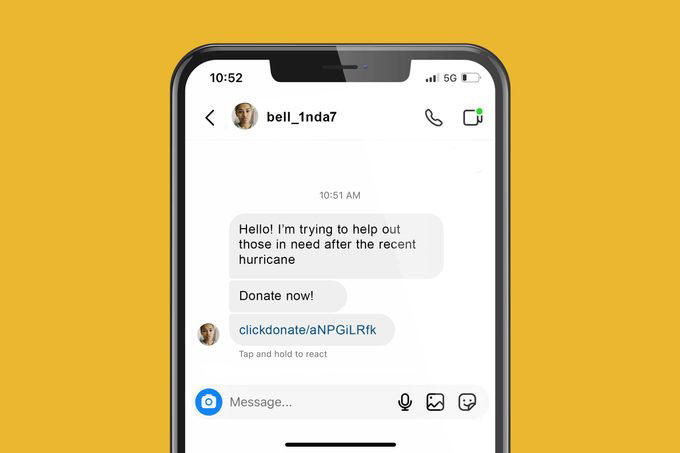 fake instagram user messaging asking for donations