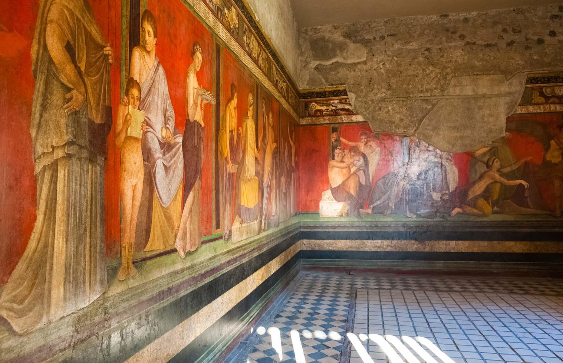 <p>As well as public buildings, there are plenty of private homes and villas to visit that reveal even more about the lives of the Roman elite. The Villa of Mysteries is one of the most popular thanks to its bright frescoes, which have lost none of their vibrancy in the intervening centuries, which showcase an initiation into a cult that worships Dionysus, the god of wine.</p>  <p>Other highlights include the House of the Small Fountain, which features a pretty mosaic-covered fountain in the garden; and the House of the Faun, named for the bronze statue of a dancing faun in the lobby (a copy of the statue can be seen in the building today, while the original can be found at the National Archaeological Museum of Naples). </p>