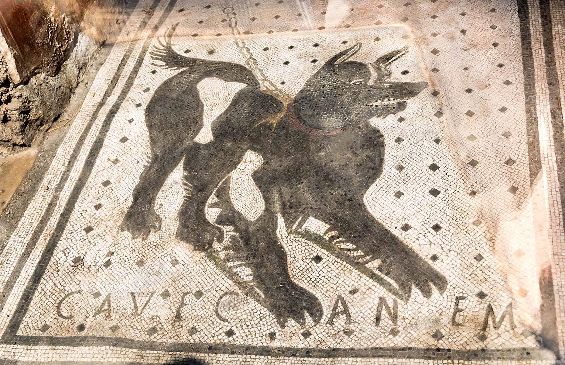 <p>One of the strangest things about exploring Pompeii is how many parallels there are between behaviour then and now, proving how little has changed in nearly 2,000 years. At the entrance to the House of the Tragic Poet, a mosaic sign reads ‘cave canem’, or ‘beware of the dog’, which appears in several spots around Pompeii.</p>  <p>Many walls were also etched with graffiti boasting of sexual conquests, appealing for the return of stolen goods or the rather more mundane: ‘On 19 April, I made bread’, says one, like a precursor to modern-day social media posts about sourdough…</p>