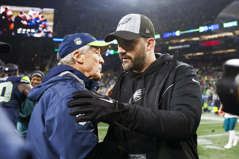 Philadelphia Eagles head coach Nick Sirianni shakes the hand of Seattle Seahawks head coach Pete Carroll after the Eagles lost for a third straight week. USA Today