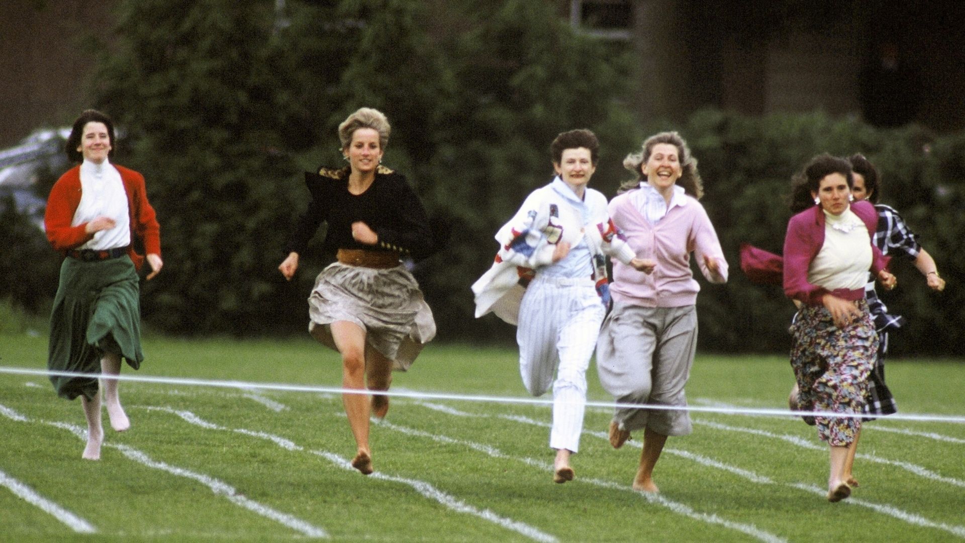 <p>                     Known for her hands-on parenting, Princess Diana never shied away from opportunities to have fun with her sons Prince Harry and Prince William and this moment is the perfect example of that. She is pictured running against five other mums in a parent's race at a sports day event.                   </p>