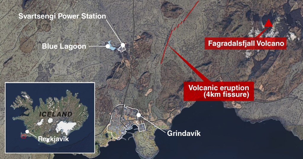 Map shows scale of Iceland volcano eruption as lava spews into the air