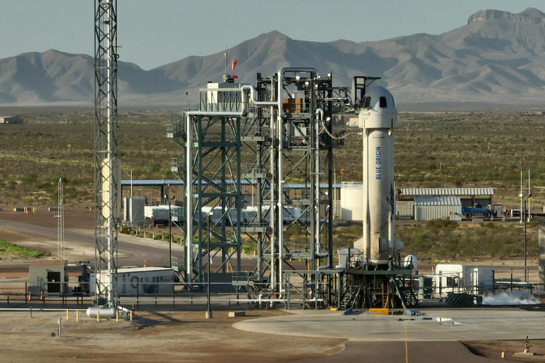 Blue Origin's New Shepard rocket system is shown on the launch pad prior to the NS-22 launch on Aug. 4, 2022.