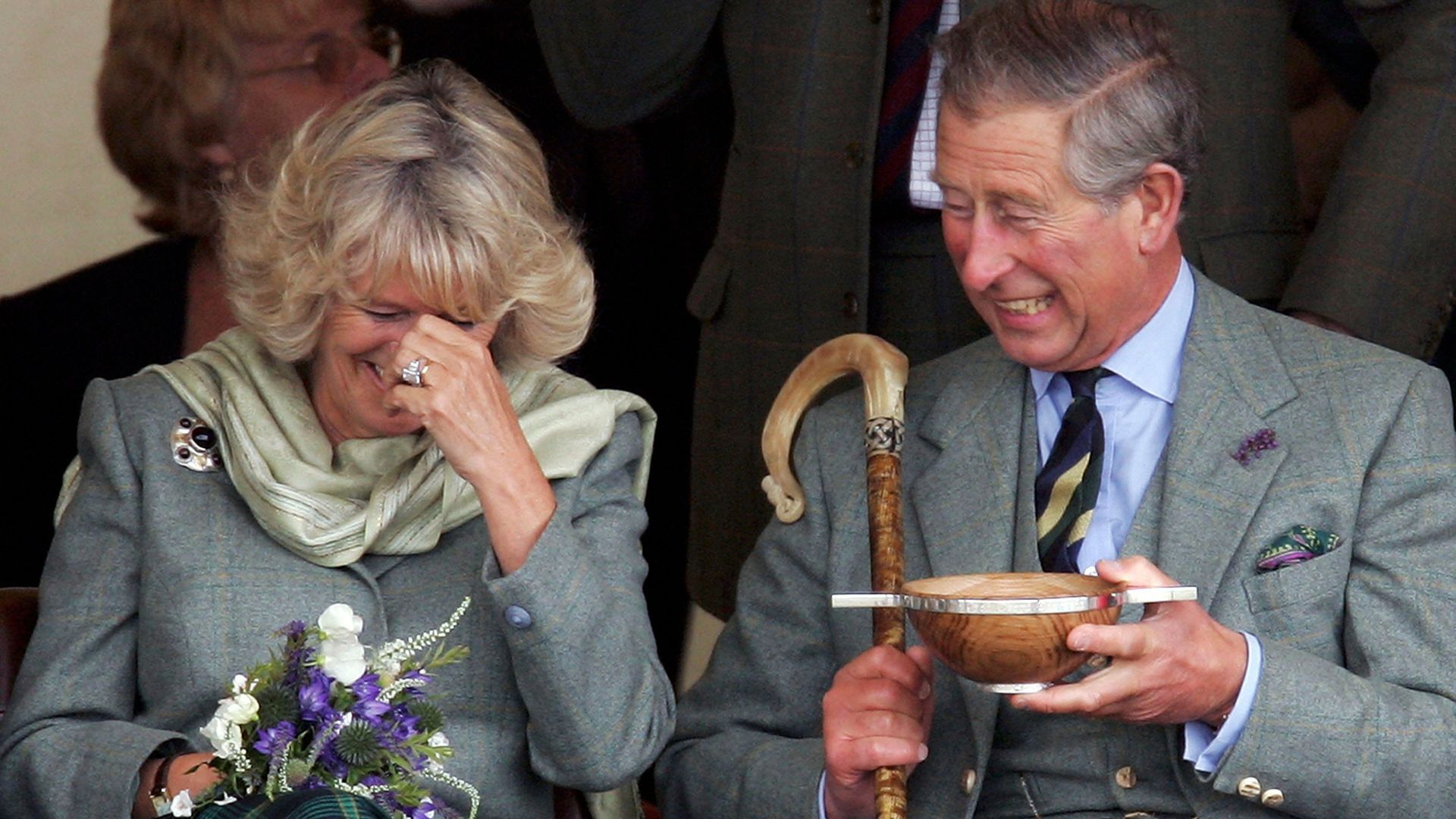 <p>                     A wedding gift given to them at the 2005 Mey Games at Queens Park in Caithness, Scotland, the ceremonial drinking bowl is called a Quaich. The two drank whisky from the receptacle and got the giggles.                   </p>