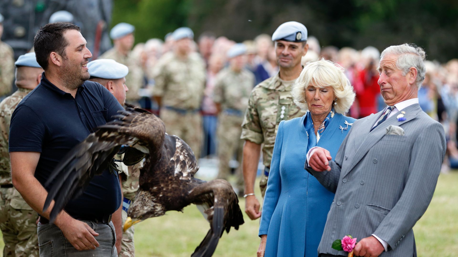 <p>                     We often see the royals showcase their sense of humour, and this rather silly incident with King Charles and an eagle is certainly one of those times. At the 2013 Sandringham Flower Show, the then-Prince held a 10lb eagle, which gave him quite the start when the bird of prey spread its wings to balance itself. As you can see from the photograph, Camilla got quite the shock too!                   </p>
