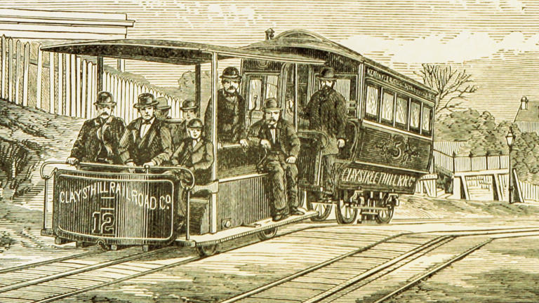 In this artist's rendering, Andrew Smith Hallidie's first cable car line, the Clay Street Hill Railroad, climbs up what would later become known as Nob Hill against a backdrop of hills and houses. Nob Hill later grew into an upper class urban neighborhood, due in part to the cable cars that made the steep hill more accessible.