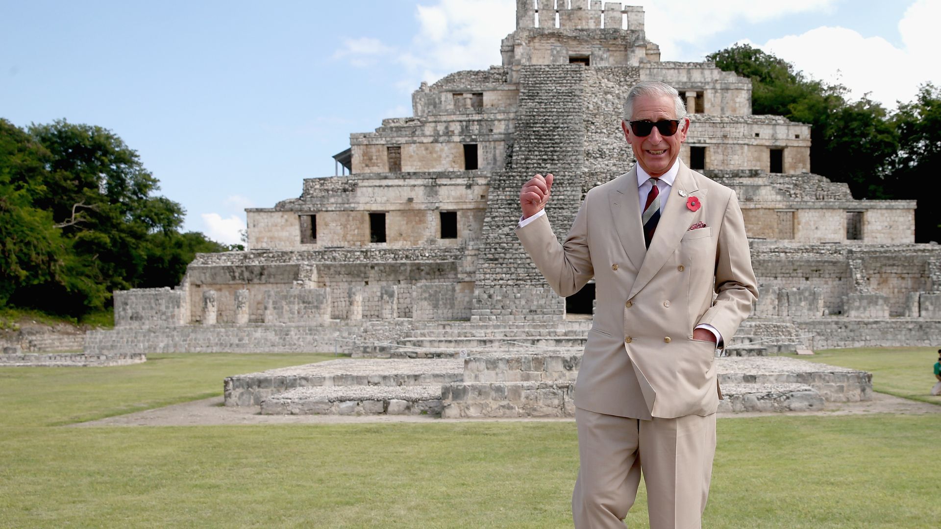 <p>                     A rather casual pose for the royal, with shades on and the ‘here’s looking at you kid’ gesture, the-then Prince Charles certainly looked to be enjoying himself while visiting the Acropolis at the Edzna Archaeological site in Campeche, Mexico. He took the suave photo during his and Duchess Camilla’s tour of Mexico and Columbia in 2014.                   </p>