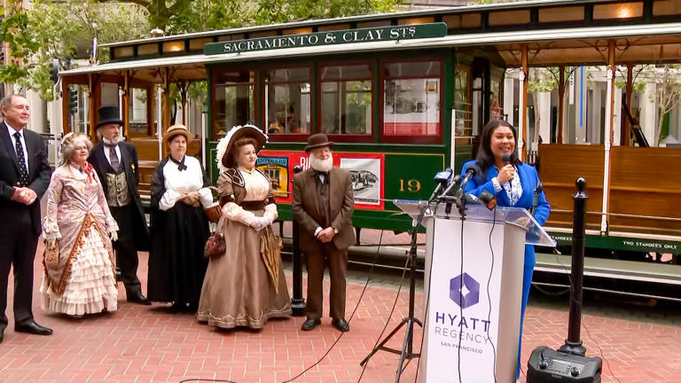 San Francisco Mayor London Breed addresses the crowd at the official unveiling of a fully rebuilt cable car — part of the yearlong celebration of the cable cars' 150th anniversary.