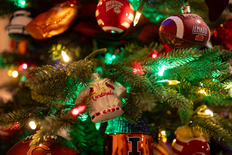 A tree featuring Illinois sports teams in the governors office includes St. Louis Cardinals ornaments, Nov. 29, 2023, at the Governors Mansion in Springfield.