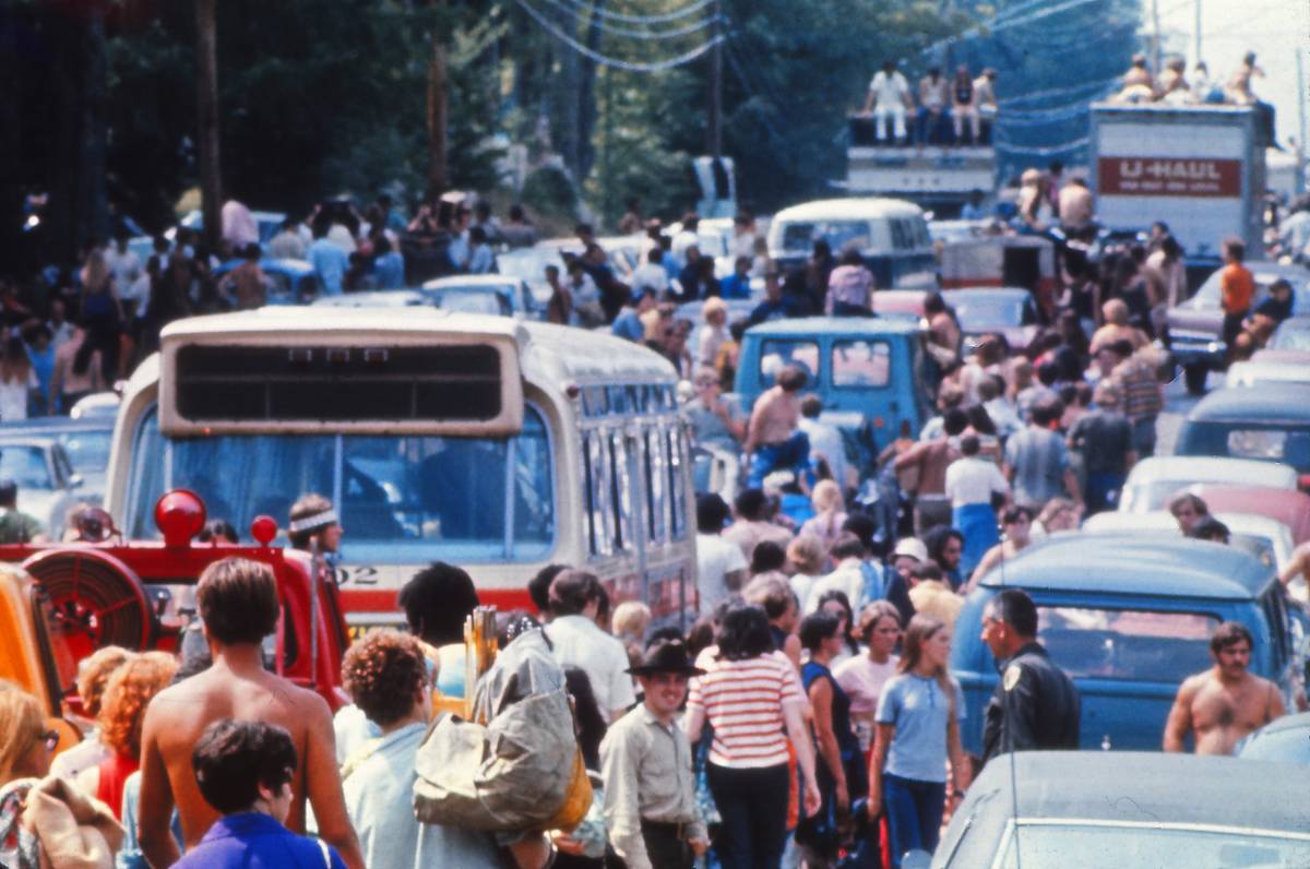 <p>In August of 1969, 32 bands and solo acts came together for what is considered one of the pivotal moments in popular music history.</p> <p>Woodstock was one of the signature events for the counterculture generation going against the establishment. Here, we see a sea of young adults making their way to Max Yasgur's dairy farm in Bethel, New York.</p>
