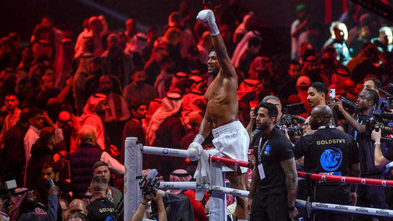 Anthony Joshua celebrates after defeating Otto Wallin. Pic: AP