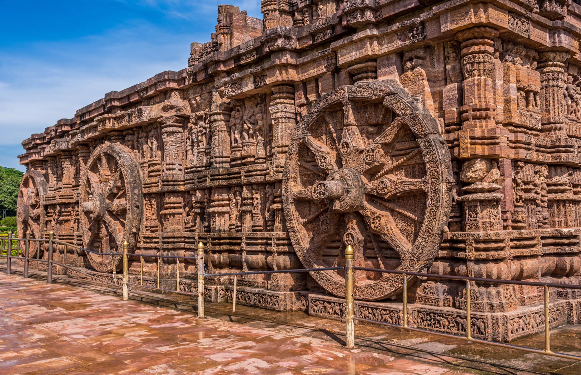 <p>The colossal, chariot-shaped temple was built by 13th-century King Narasimhadeva to carry the sun god Surya across the heavens. Complete with enormous intricately-carved wheels and horses, this is one of India's most famous Brahman temples.</p>  <p>The wheels are thought to have been used as ancient sundials. Keep a look out for some eye-opening wall carvings.</p>