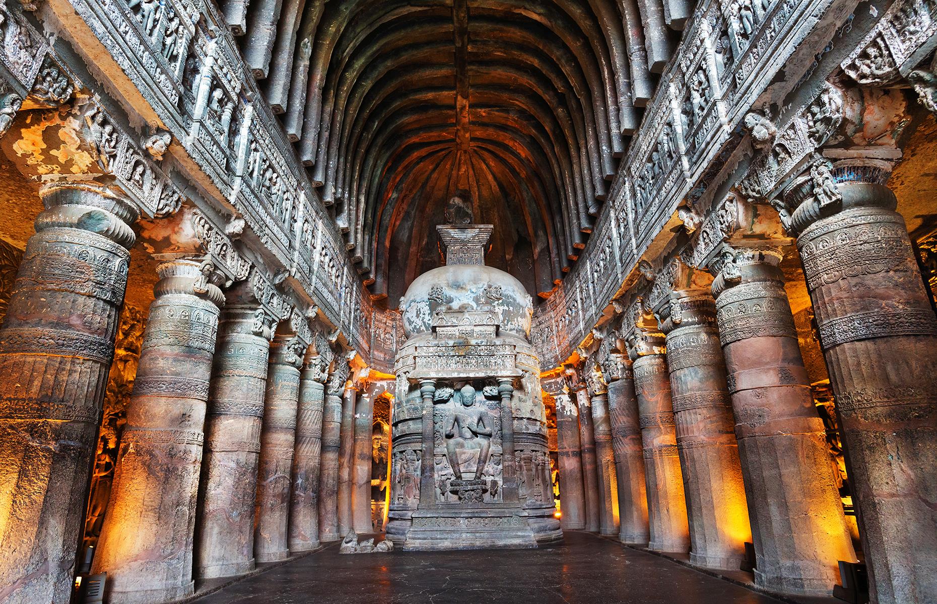A one-time sanctuary for Buddhist monks, the ancient cave complex of prayer halls and monasteries was concealed by jungle for centuries until a young British cavalry officer spotted the entrance to one of them while on a tiger hunt in 1819. He unearthed an extraordinary place – rock-cut caves with enormous stone figures and splendid intricate murals showing scenes from Buddha’s life.