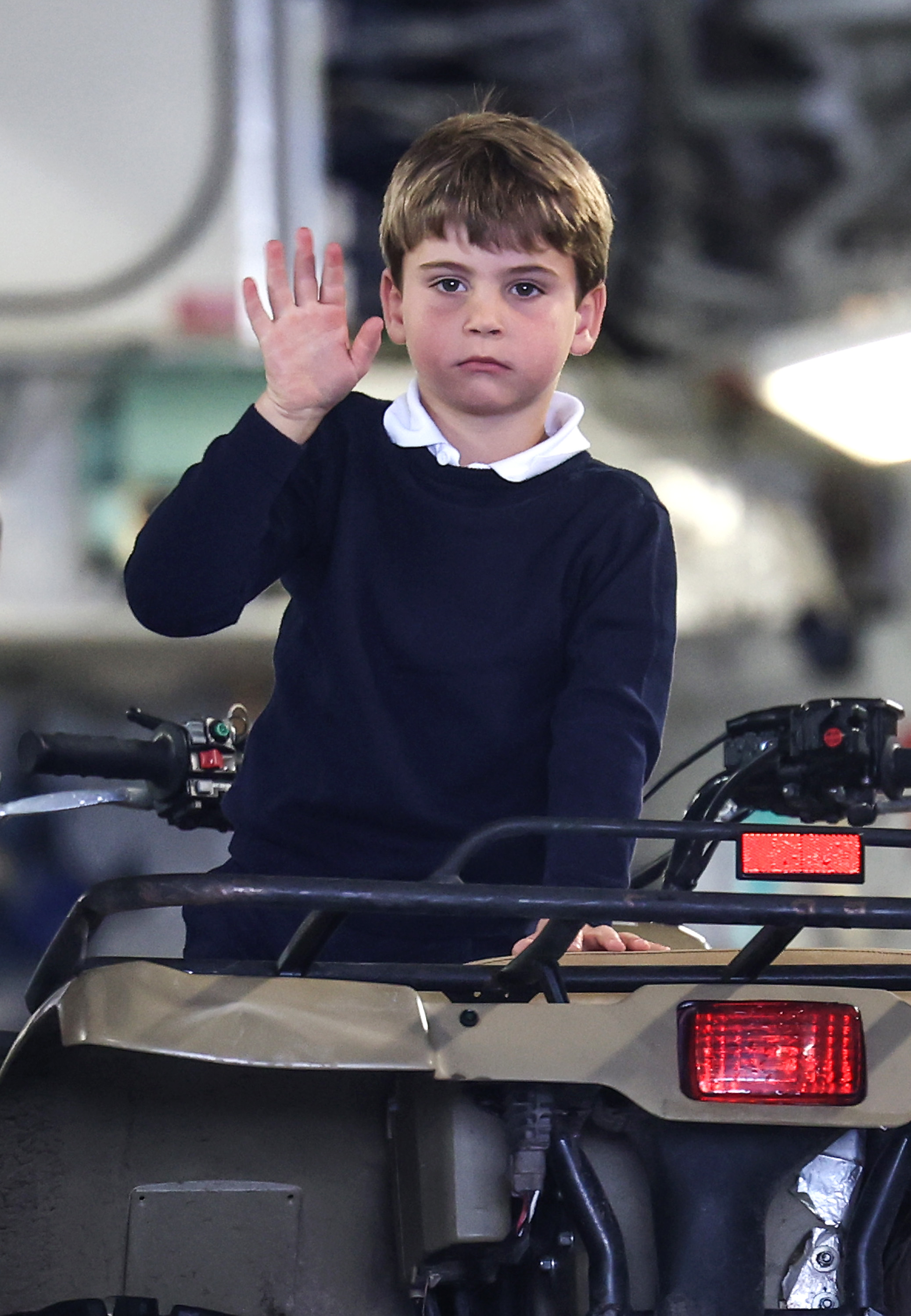 <p><span>Prince Louis waved to the press as he sat inside a vehicle on a C17 plane during a visit to the Air Tattoo at RAF Fairford in Fairford, England, on July 14, 2023, during a Royal Air Force facility visit with his parents and siblings.</span></p>
