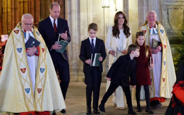 LONDON, ENGLAND – DECEMBER 08: The Dean of Westminster Abbey, The Very Reverend Dr David Hoyle, Prince William, Prince of Wales, Prince George of Wales, Prince Louis of Wales, Catherine, Princess of Wales and Princess Charlotte of Wales attend The "Together At Christmas" Carol Service at Westminster Abbey on December 08, 2023 in London, England. Spearheaded by The Princess of Wales, and supported by The Royal Foundation, the service is a moment to bring people together at Christmas time and recognise those who have gone above and beyond to help others throughout the year. (Photo by Chris Jackson/Getty Images)