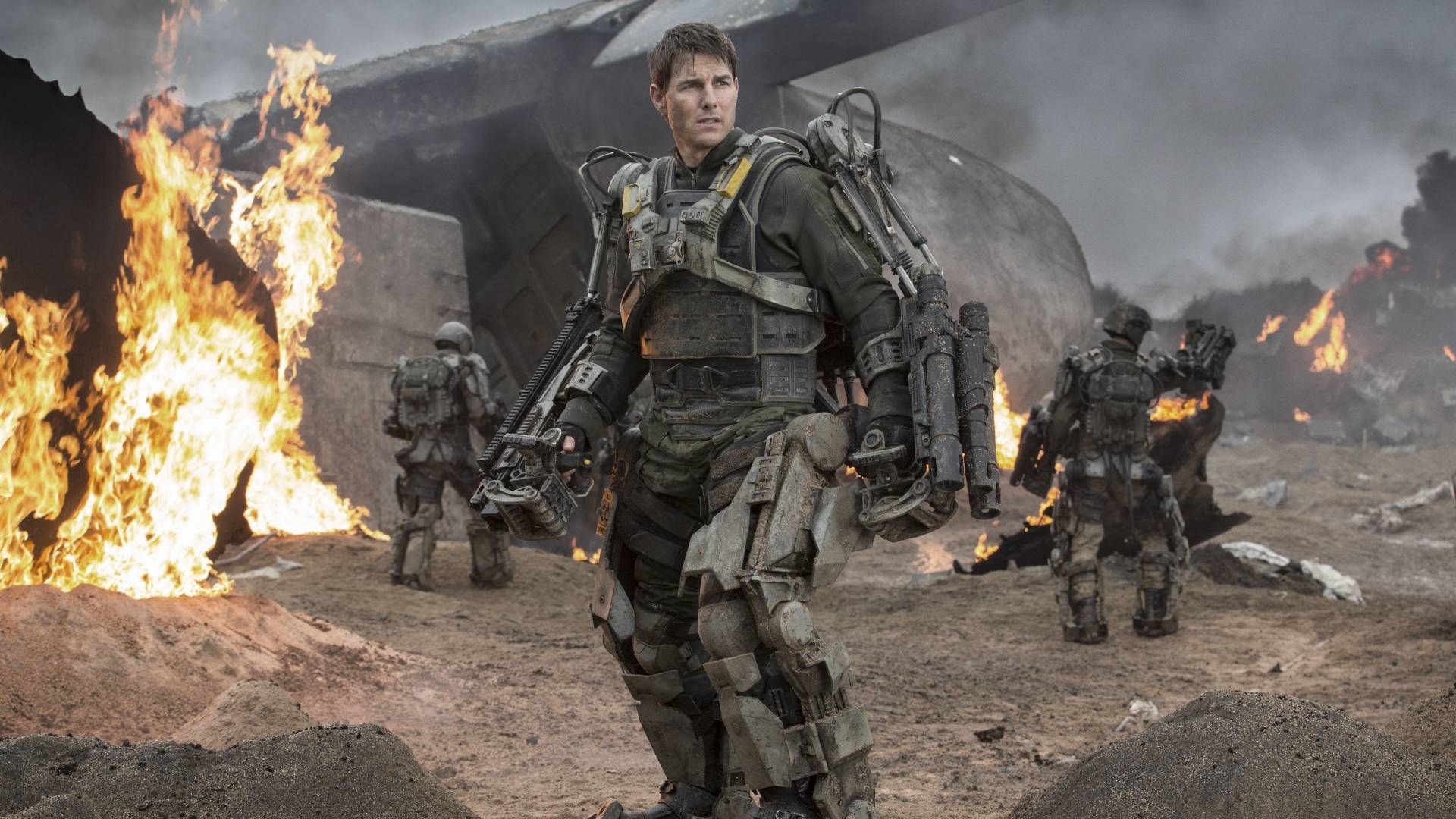 <p>                     Edge of Tomorrow features a lot of incredible Tom Cruise stunts, but undoubtedly the best come when his character William Cage is donning the exoskeleton suit. Described as one-man tanks, they protect the soldiers in battle and, of course, Cruise didn’t want to resort to CGI for them. Instead, he, Emily Blunt, and the other stars of the film wore very real and very heavy suits for all of their stunts. This makes all of the scenes of Cage and Blunt’s Rita Vrataski running through explosions all the more impressive. Fun fact, the 90-pound suits were actually designed by the same person who made the Batman suits.                   </p>