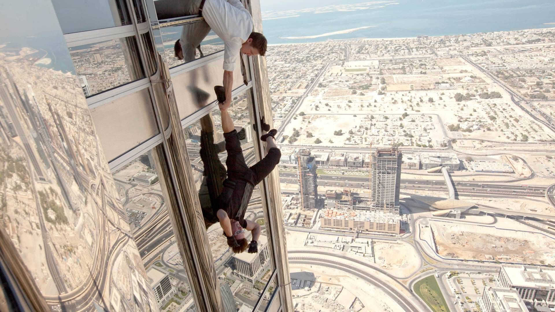 <p>                     Tom Cruise doesn’t do anything by half, and the Burj Khalifa scene in Mission: Impossible – Ghost Protocol is a great example of that. The stunt, which sees Ethan Hunt scaling the skyscraper in pursuit of Cobalt, saw Cruise really climb the tallest building in the world. All done with just a harness and no stunt double, the actor did it all himself, from running along the outside of the building to jumping between sections while helicopters filmed around him. The crew only broke 35 windows during the shoot too, which is nothing short of miraculous.                   </p>