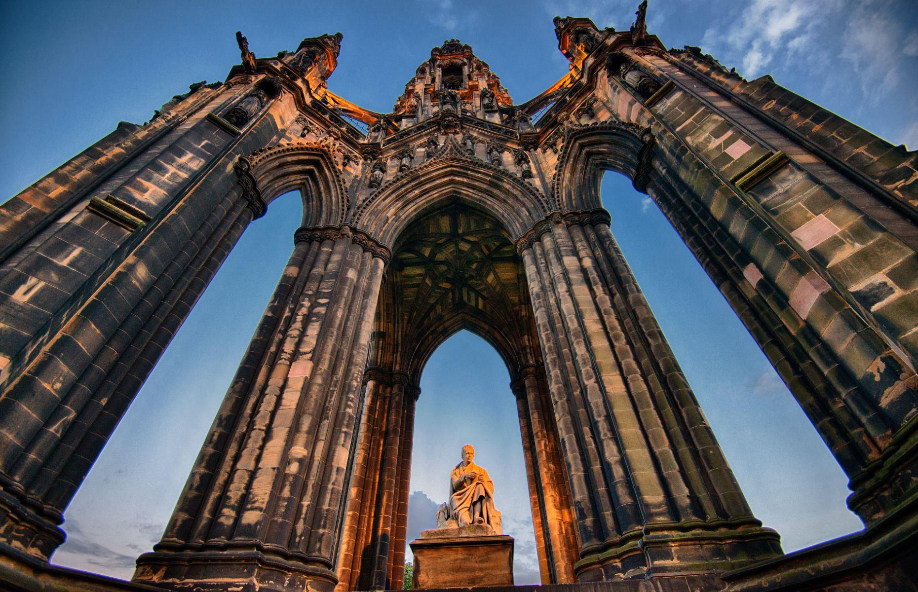 <p>Erected in honour of the Scottish author Sir Walter Scott, this Victorian Gothic monument is one of Edinburgh’s most impressive landmarks. Standing tall in Princes Street Gardens, <a href="https://www.edinburghmuseums.org.uk/venue/scott-monument">Scott Monument</a> has narrow steps leading visitors to several viewing platforms, which provide sweeping panoramas across the city. A marble statue of the writer and his dog Maida proudly sits at the base.</p>