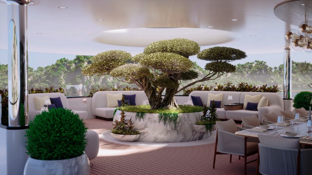 <p>The 279-foot <em>Symbiosis</em> is Studio KMJ’s nature-driven introduction to the world of superyacht design. Unveiled at the Monaco Yacht Show, the 3,000 GT concept speaks to a rising trend for biophilic design with 10 nature-driven features. These include a “tree of life” planted on the main deck aft that stretches across two decks, a 1,000-sq. ft. irrigated lawn tended by a gardener and intended for both play and picnics, and a life-sized herbarium called “The Sanctum” where herbs, spices and vegetables can be cultivated. The Swiss designer Kurt Merki Jr collaborated with Axel Massmann, CEO of Yacht-Green, who acted as a strategic advisor on best practices to “green” the superyacht lifestyle. According to the designers, the natural elements are fully buildable. All it needs is an owner willing to take a leap.</p>