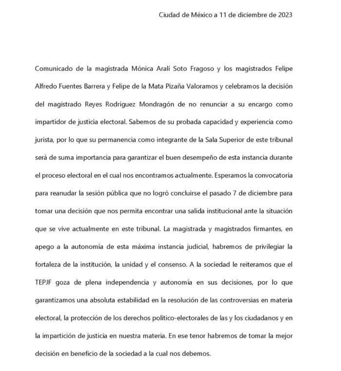 Reyes Rodríguez Mondragón dice que no renunciara al TEPJF; Magistrados disidentes garantizan su autonomía