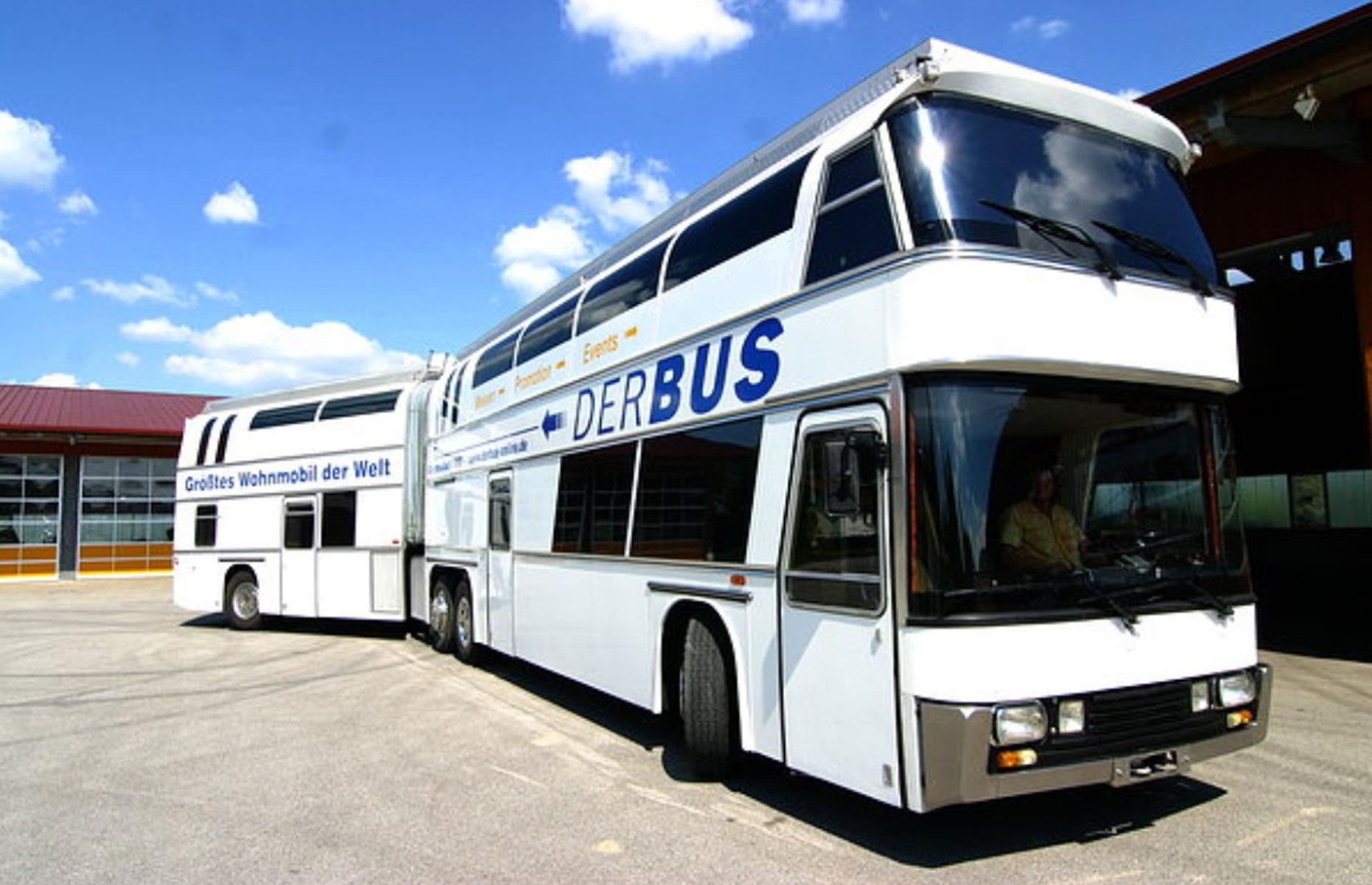 <p>This veteran colossus of a vehicle, which featured 170 seats, was built back in 1975. Debuting as the first double-decker articulated bus, known as the Neoplan Jumbocruiser, it was unveiled in Frankfurt, Germany, and scored a spot in that year's <em>Guinness Book of World Records </em>as the biggest bus ever.</p>  <p>Fast-forward to 1995 and auto enthusiast Manfred Esterbauer resurrected this icon of German design and engineering, renaming it <a href="http://derbus.de/">DerBus</a>. According to <a href="https://www.autoevolution.com/news/derbus-titanic-sized-articulated-bus-is-the-worlds-biggest-and-most-luxurious-motorhome-223231.html"><em>autoevolution</em></a>, only 11 such buses were ever made. </p>