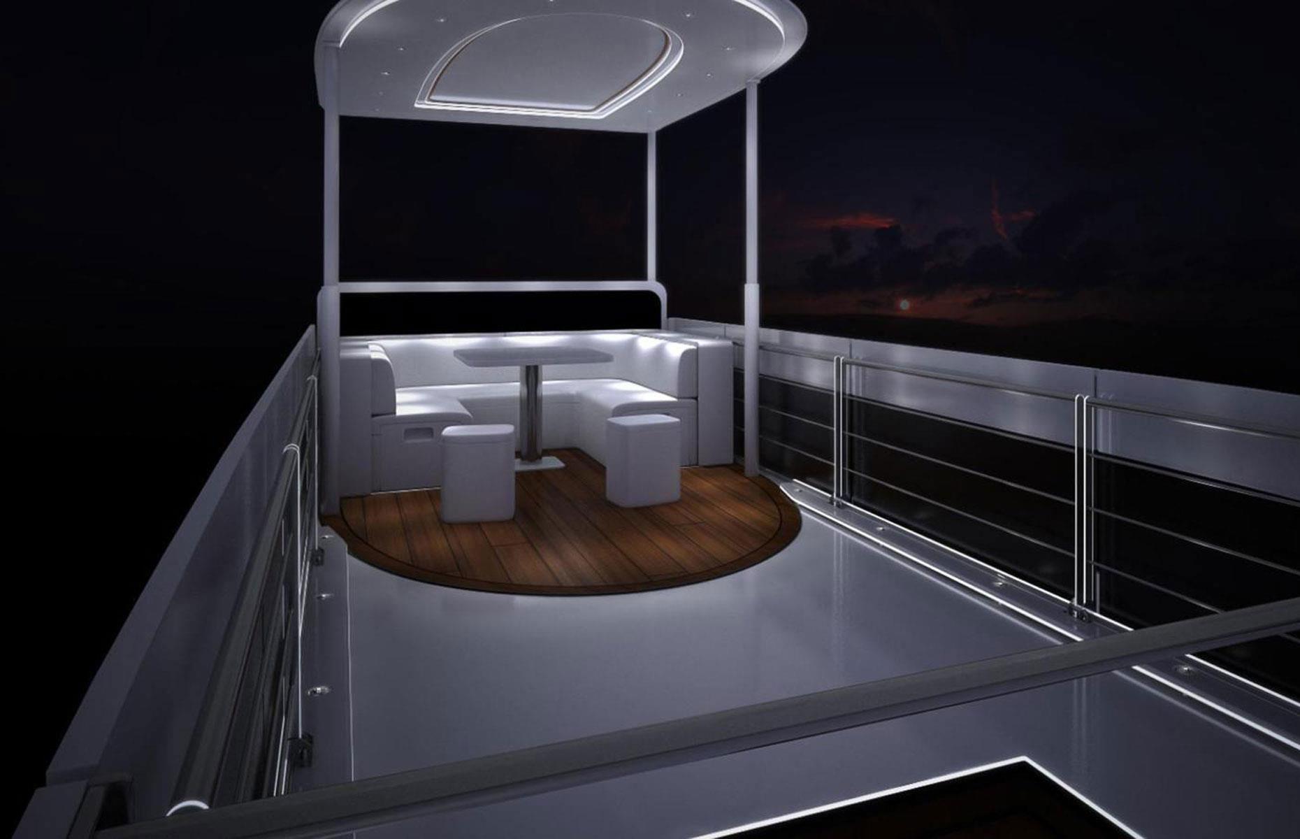 <p>Like the Commander 8x8, the motorhome's most outstanding feature is its retractable roof. It can be instantly raised to conjure up a rooftop nightclub.</p>  <p>This glamorous Sky Lounge is a party-lover's dream, with a heated dancefloor, a covered seating area and a top-of-the-range Steinway Lyngdorf music system.</p>