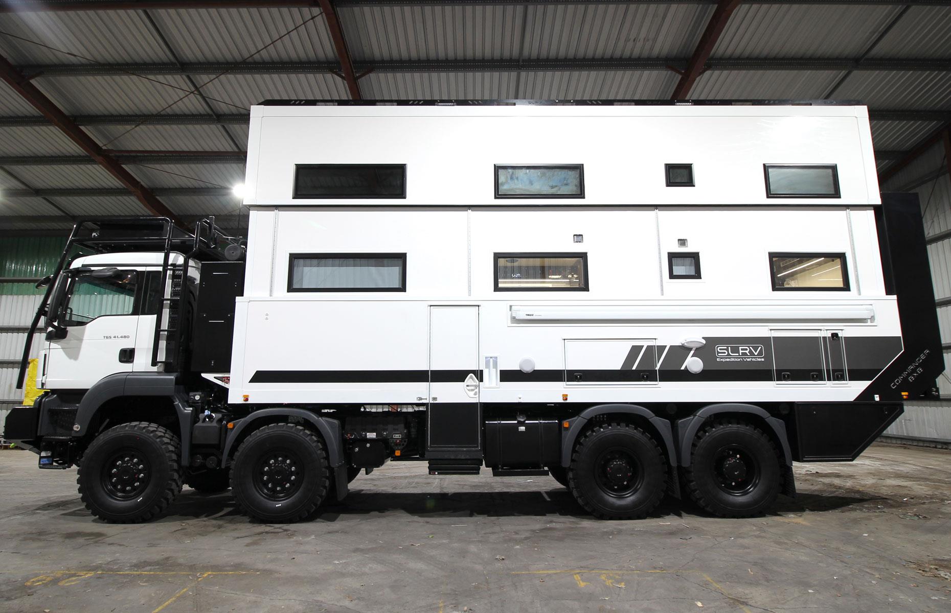 <p>SLRV went all out and responded with an “apocalypse-grade” vehicle. The robust Commander 8x8 is built on a military-grade MAN TGS truck base, with walls up to five inches thick and durable double-glazed windows.</p>  <p>At 40 feet long, the Commander 8x8 ranks among the biggest RVs in the world. The vast motorhome runs on lithium batteries fueled by solar panels and a diesel-powered backup generator and alternator. </p>