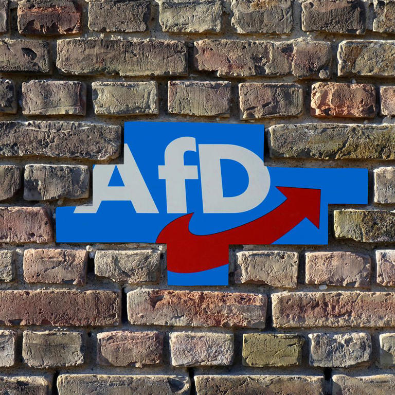 AfD-Logo hinter einer durchbrochenen Brandmauer.