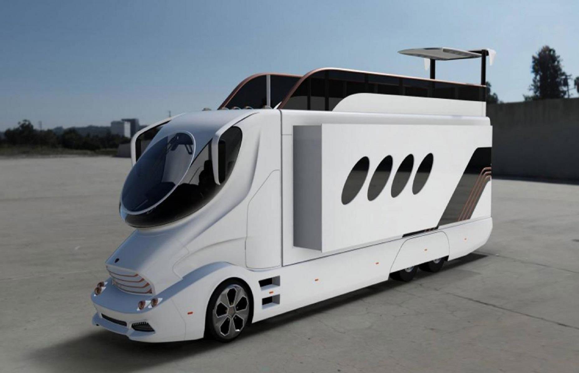 <p>Marchi Mobile got very creative with the exterior and drew on racing car, yacht and aviation designs to create the unique RV, which wows with a fishbowl-style cockpit.</p>  <p>Intended to showcase the views, the design features an ingenious adjustable sun protection system to block out unwanted rays.</p>  <p>Yacht-inspired porthole windows dot the sides of the futuristic-looking motorhome, which has thick carbon-fiber walls for optimum insulation without adding much weight.</p>