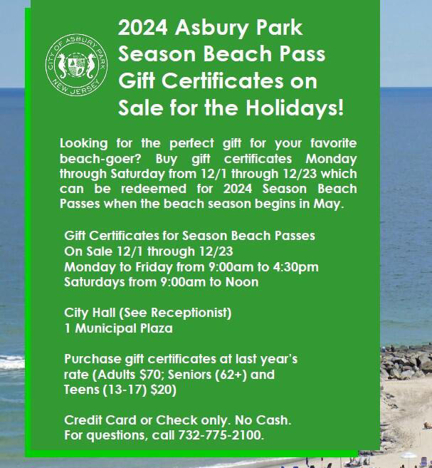 2024 Asbury Park Beach Pass Gift Certificates will be on sale for the