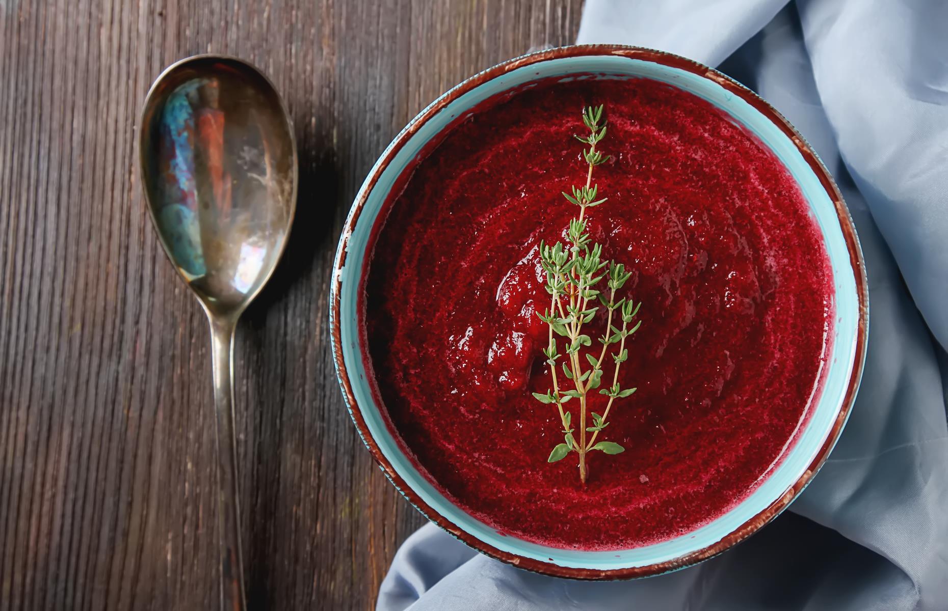<p><em>Feast </em>also features a vibrant beetroot and cranberry soup, aptly named Red Soup. In this recipe, Nigella advises you don your rubber gloves well before the cleaning up starts. In fact, she says, you should put them on before you peel the beetroot to prevent the vegetable from staining hands a deep purple color.</p>