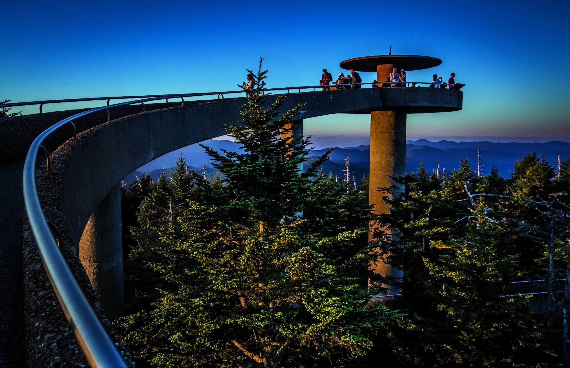 <p>The landscape of the Great Smoky Mountains is shaped by an unbroken chain of peaks that tumble across more than 36 miles. Of all the mountains in the national park, three are the most imposing – Clingmans Dome, Mount Guyot, and Mount LeConte. Clingmans Dome is not only the highest point in the Smokies and in all of Tennessee, but it is also the third highest mountain east of the Mississippi. An observation tower (pictured) at its summit rewards those willing to tackle the steep half-mile walk to get to it.</p>