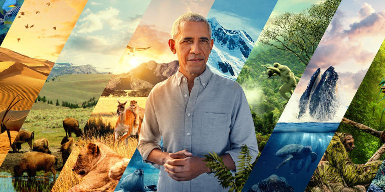 Barack Obama is standing in front of a collage of different habitats. 