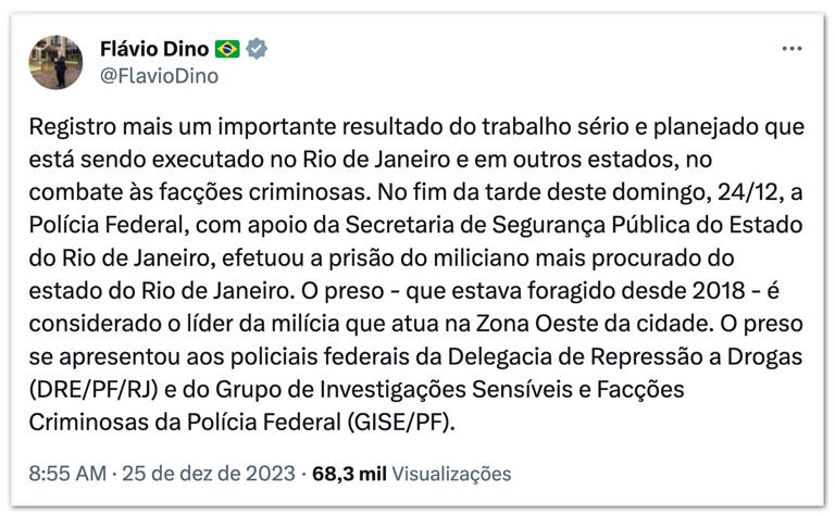 Dino comemora prisão de miliciano mais procurado do Rio