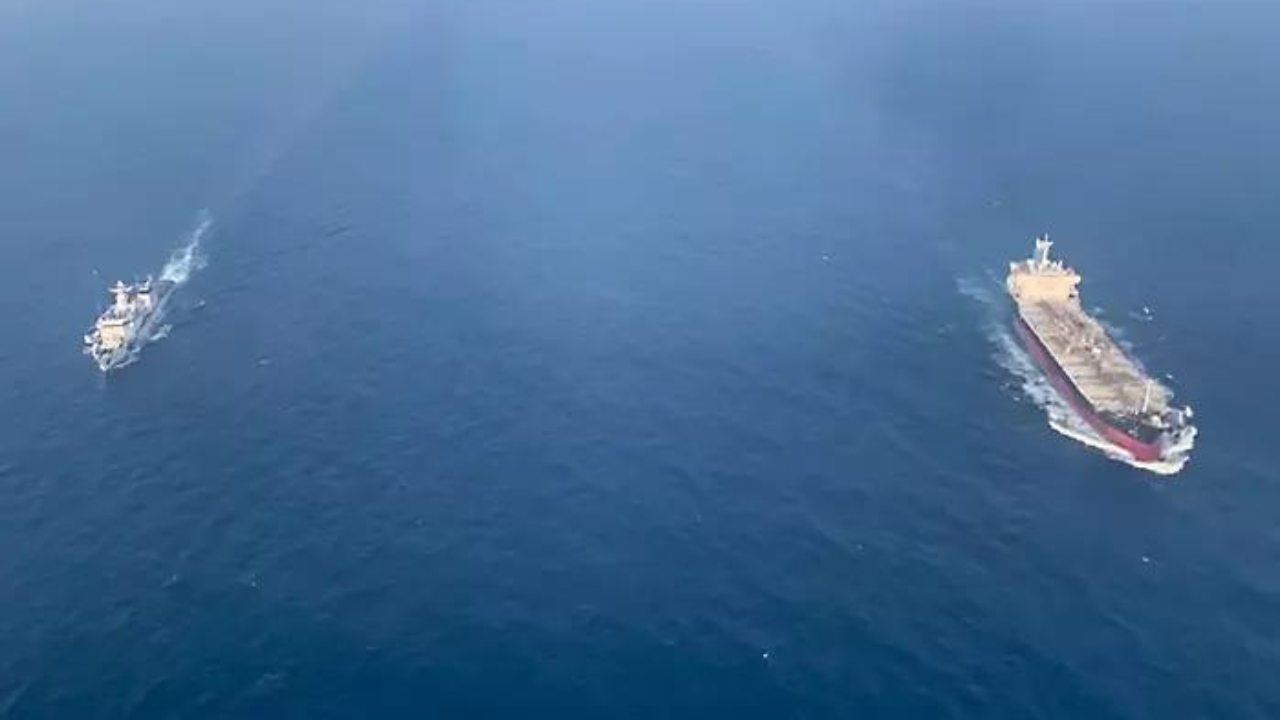 escorted by indian coast guard, ship attacked by drone arrives at mumbai port