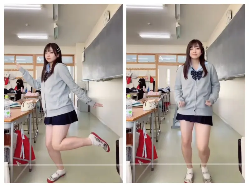 ▲日本女高中生在抖音分享18秒跳舞影片，因可愛表情與魔性舞姿瞬間爆紅。(合成圖 ／翻攝自TikTok@isin_odensin)