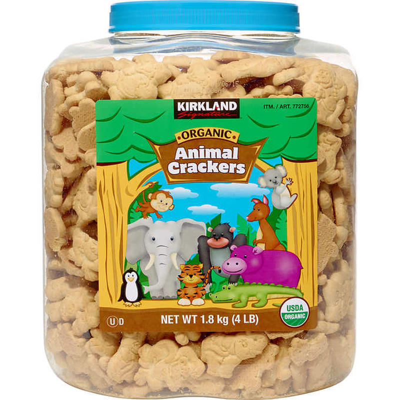 Animal Crackers are a huge hit at Costco. Kirkland Signature Animal Crackers are a sweet snack, and they come in a sixty-four-ounce barrel. The barrel costs $10.99, which is about seventeen cents per ounce. Walmart sells a twenty-four-ounce barrel at about eighteen cents per ounce. You can also buy a box of individual packs.