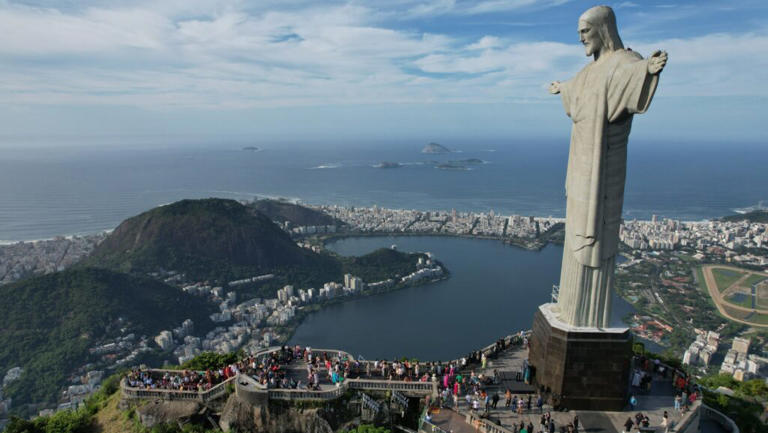 Aerial view of FIFA Women's World Cup Trophy at Christ the Redeemer Statue on March 29, 2023 in Rio de Janeiro, Brazil. Wagner Meier/Getty Images