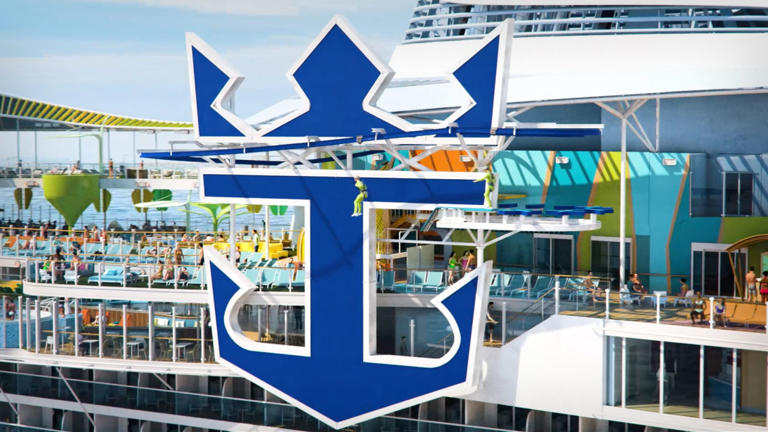 A huge Royal Caribbean logo is seen on a rendering of Icon of the Seas.