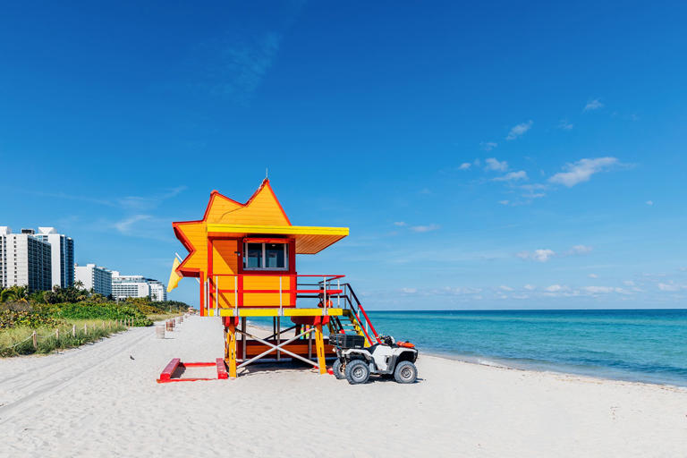 Orange lifeguard hut at South Beach, Miami, USA