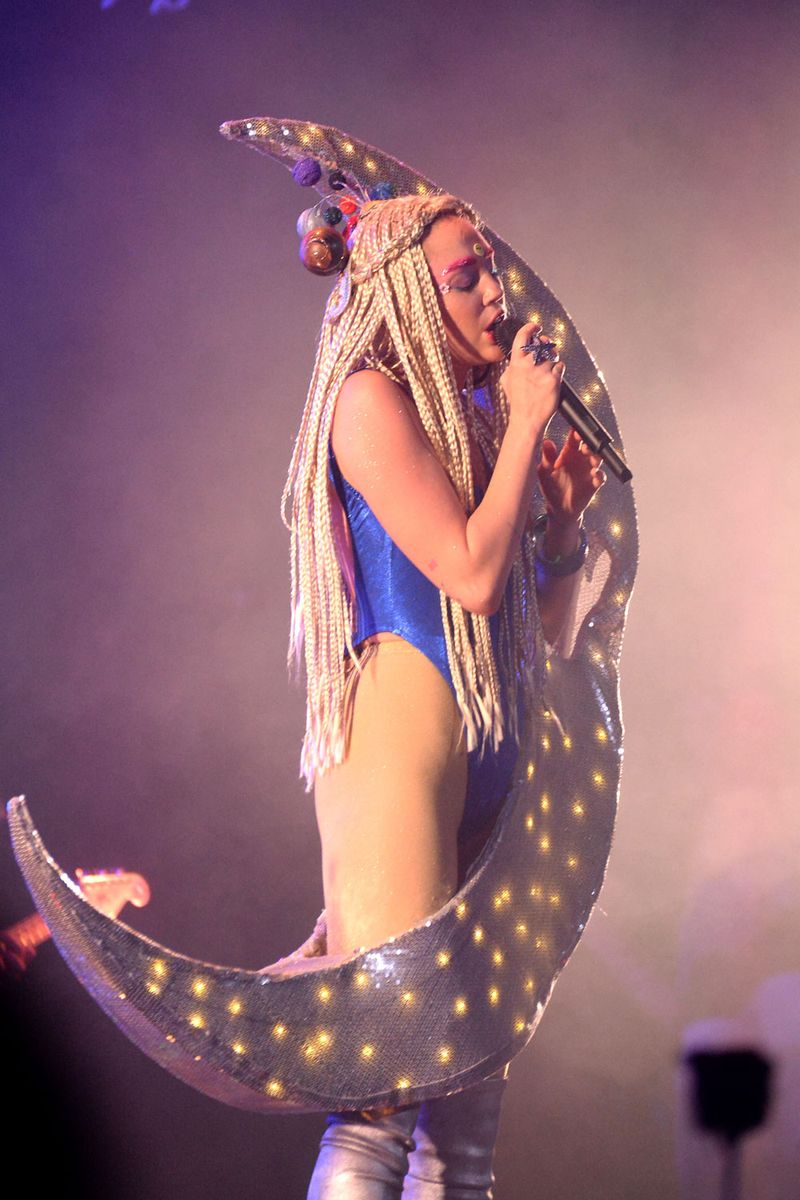 <p>This is the perfect outfit to sing your new single or read <em>Goodnight Moon</em>. Here, Miley wore a cobalt-blue leotard, long braids, and a literal silver crescent moon. </p>