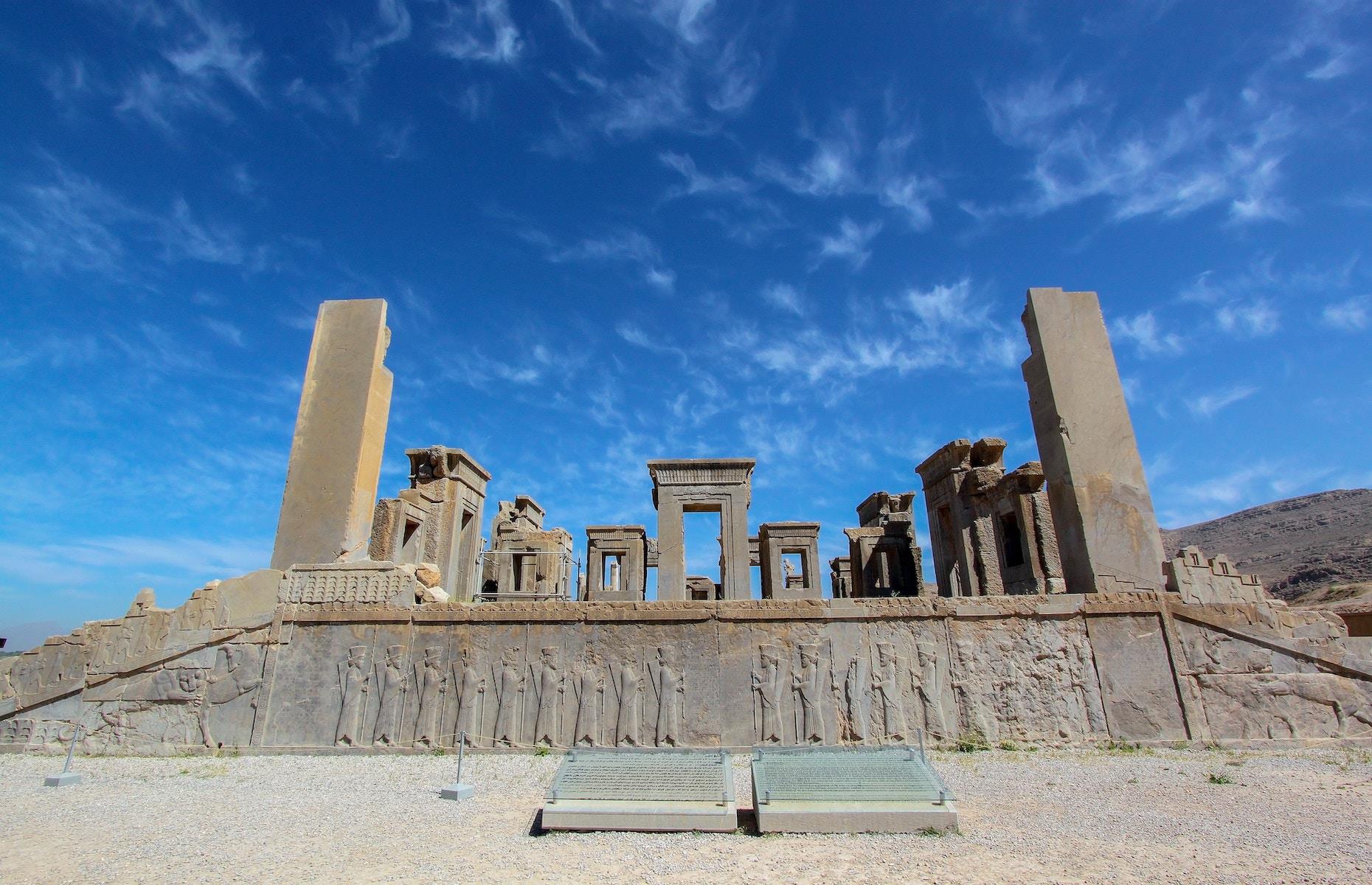 Along with Persepolis's ornate columns and richly decorated façades, the Gate of All Nations (pictured) is one of the ruin’s most famous sights. The Achaemenian palaces of Persepolis were built upon massive terraces and decorated with long rock relief carvings for which the ancient Persians are known. The great city was torched by Alexander the Great in 321 BC during the reign of Darius III, and large parts of the complex destroyed. It sits 30 miles northeast of the city of Shiraz.