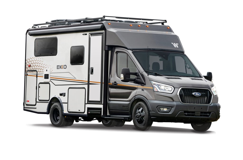 <p>The Winnebago Ekko is a brand new off-grid Class B motorhome for Winnebago built on the AWD Ford Transit chassis. This small RV combines the luxury of a Class C RV with the feel of a campervan. You can take this rig down dirt roads to find the most pristine boondocking sites.</p><p>This unique small RV is well-equipped for days off-grid, with standard features including a 50-gallon water tank, a powered patio awning with LED lights and Bluetooth, a cassette toilet, and a wet bath. You’ll get 445 watts of solar power from three panels on the roof and a second alternator for powering lithium batteries while driving.</p>
