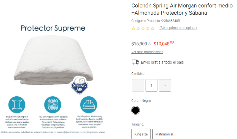 liverpool: combo de colchón spring air más almohada protector y sábana casi a mitad de precio