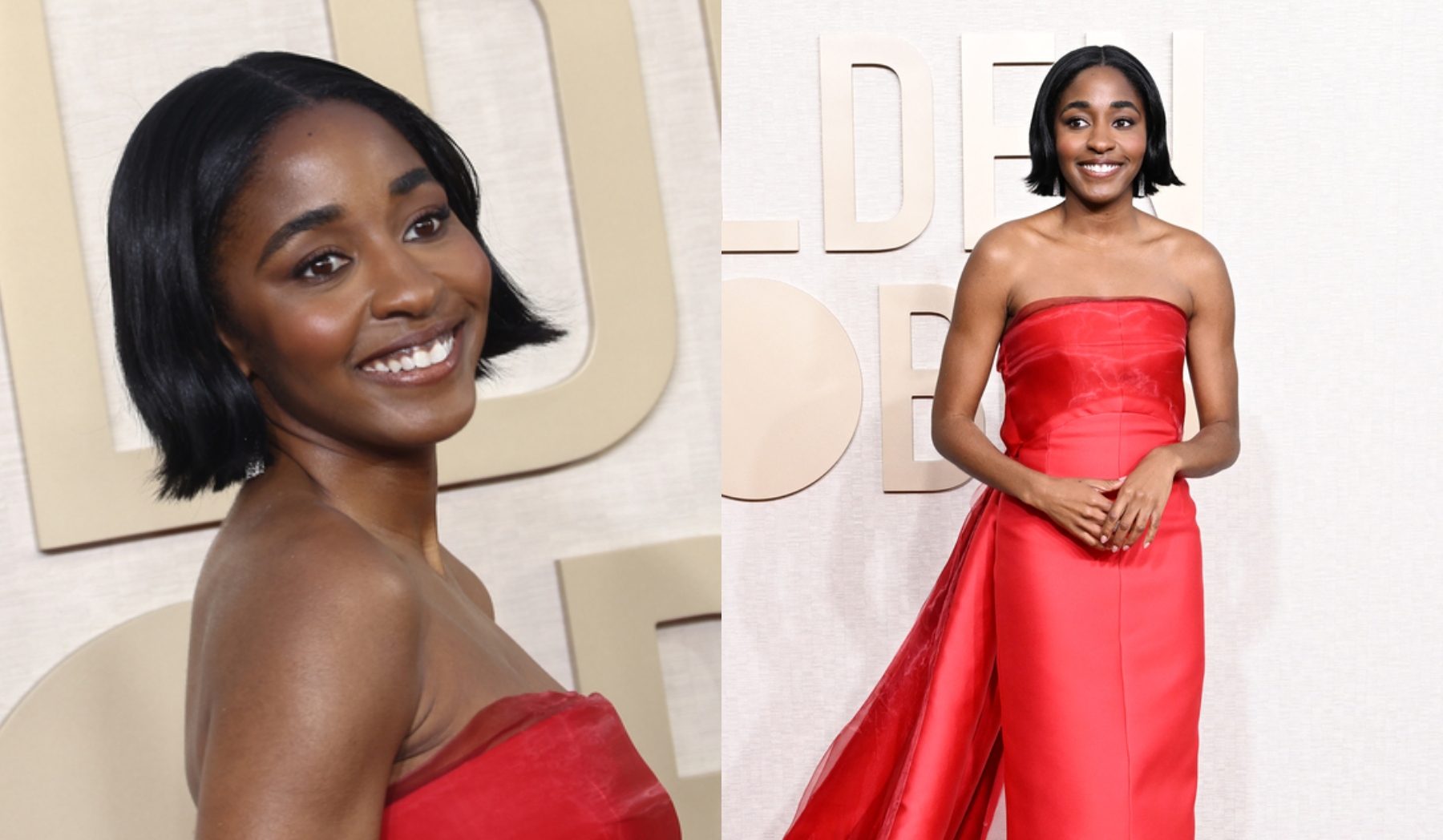 Golden Globe 2024 Winner Ayo Edebiri Goes Strapless In Red Prada Dress ...