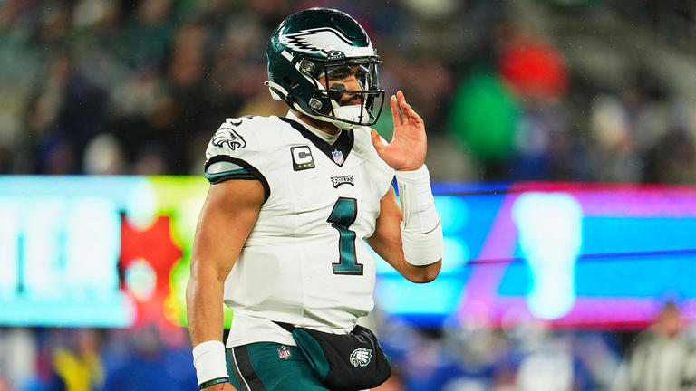 Jalen Hurts of the Philadelphia Eagles walks off the field against the New York Giants during the first half at MetLife Stadium Jan. 7, 2024, in East Rutherford, N.J. Cooper Neill/Getty Images